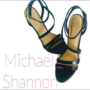 Michael Shannon “Heidi” black patent strappy heels